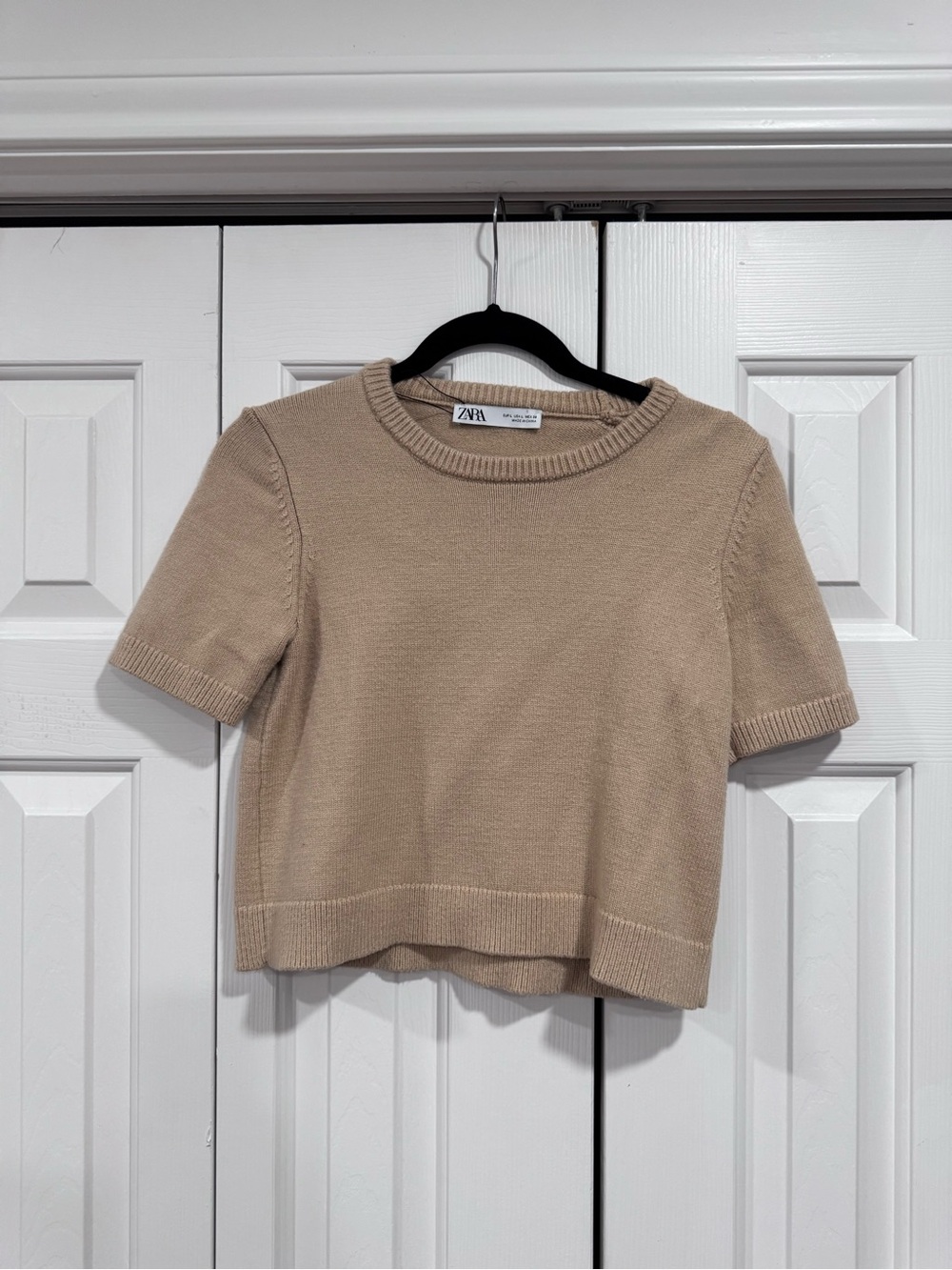 Zara Cropped Short Sleeve Knit Top in Beige